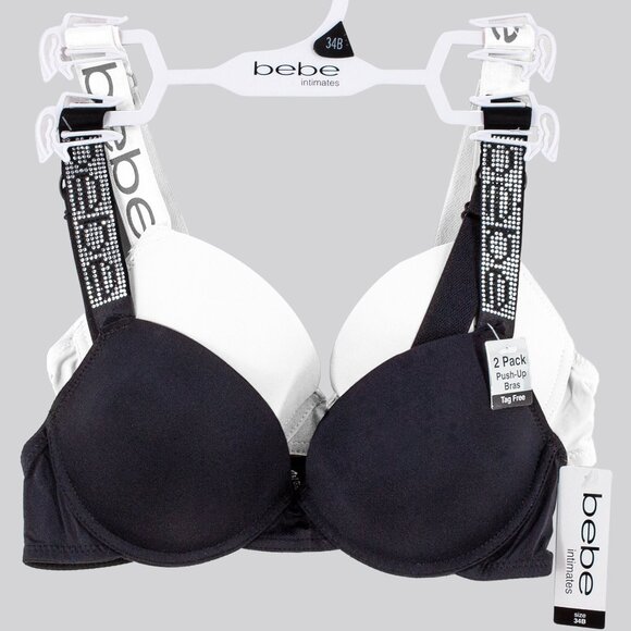 BEBE 2-pack Push Bras with bebe logo design strap 34B,34C,36B,36C,38C,Blk/White - Picture 1 of 3